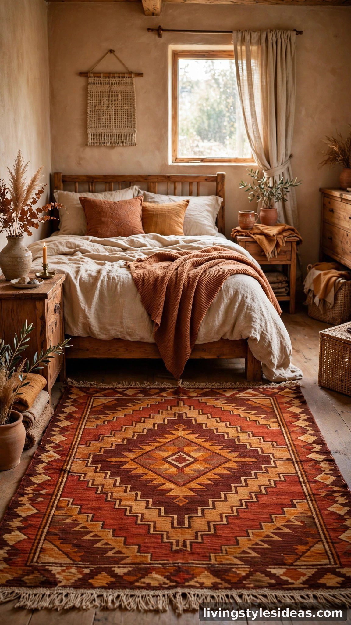 Terracotta kilim rug with geometric pattern in a warm bedroom