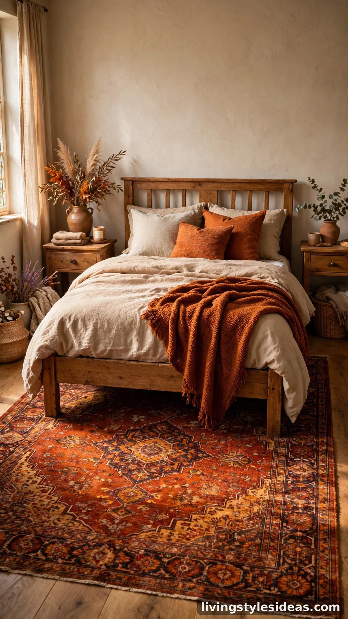 Rust-toned vintage Persian rug under a wooden bed