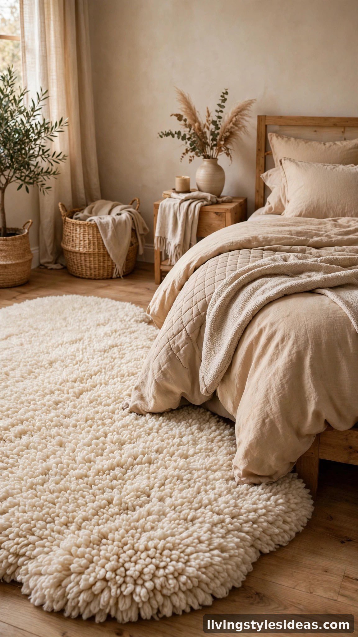 Cream sherpa rug in a cozy warm bedroom