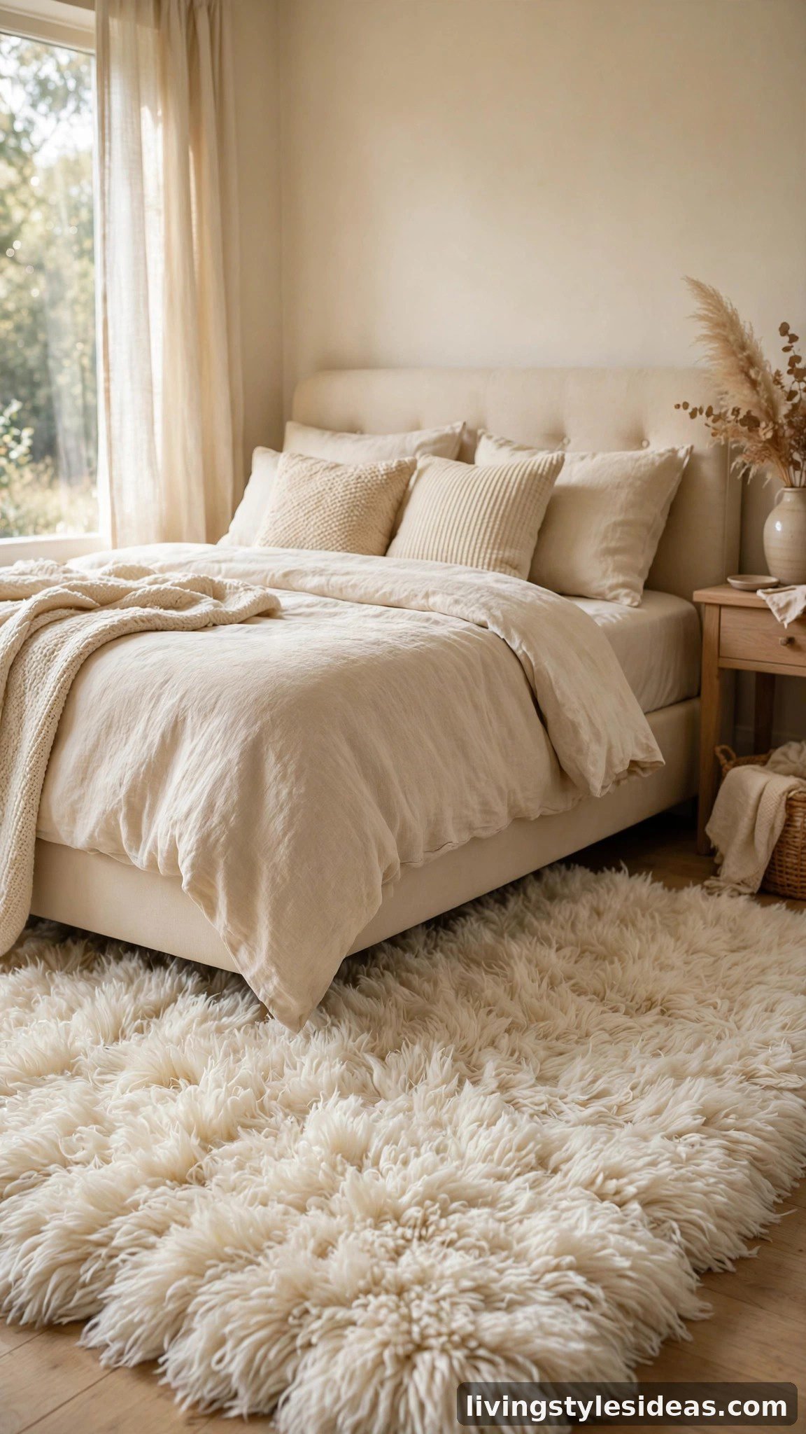 High-pile ivory shag rug under a cozy upholstered bed