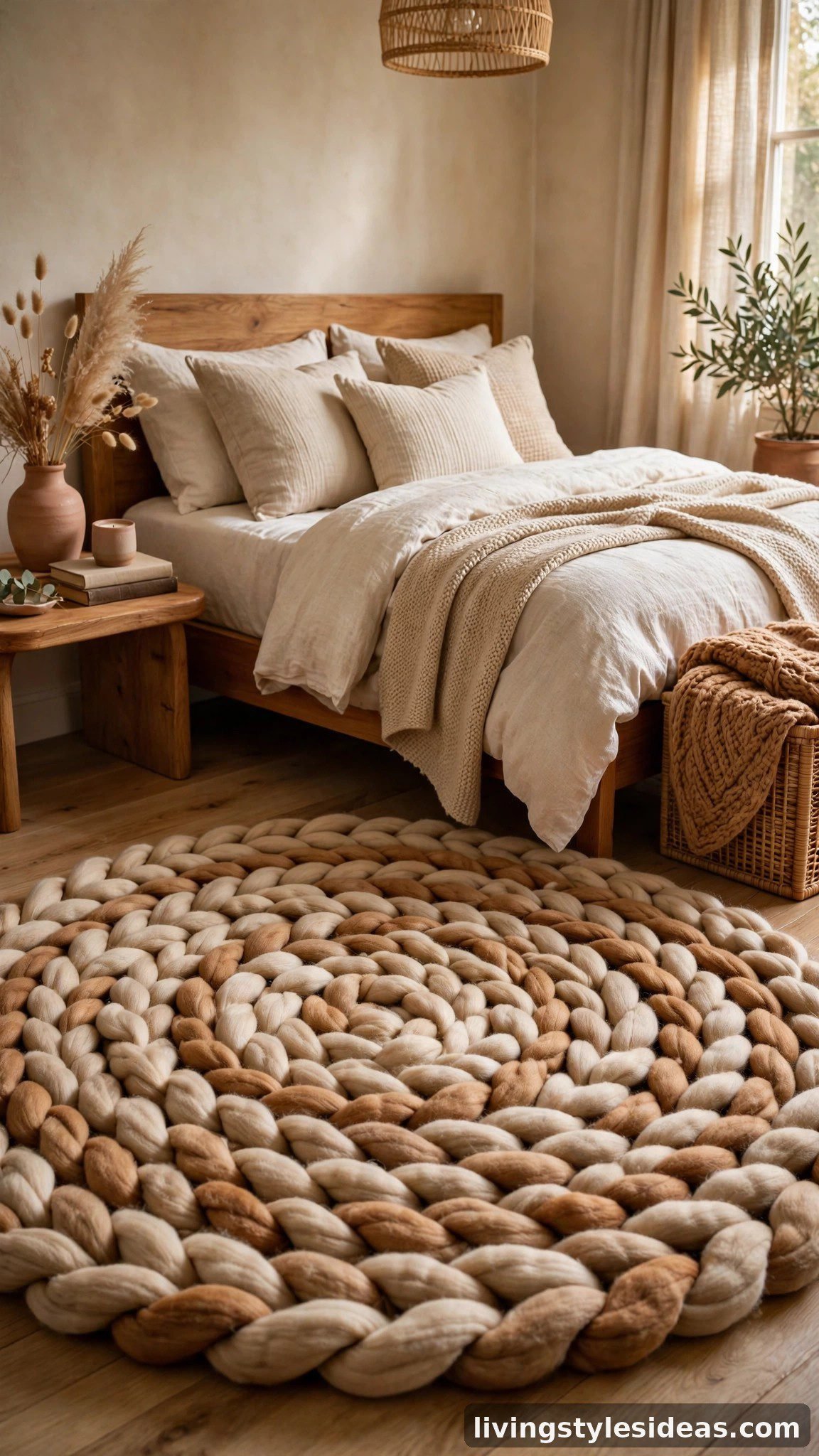 Braided wool rug in warm beige tones in a bedroom