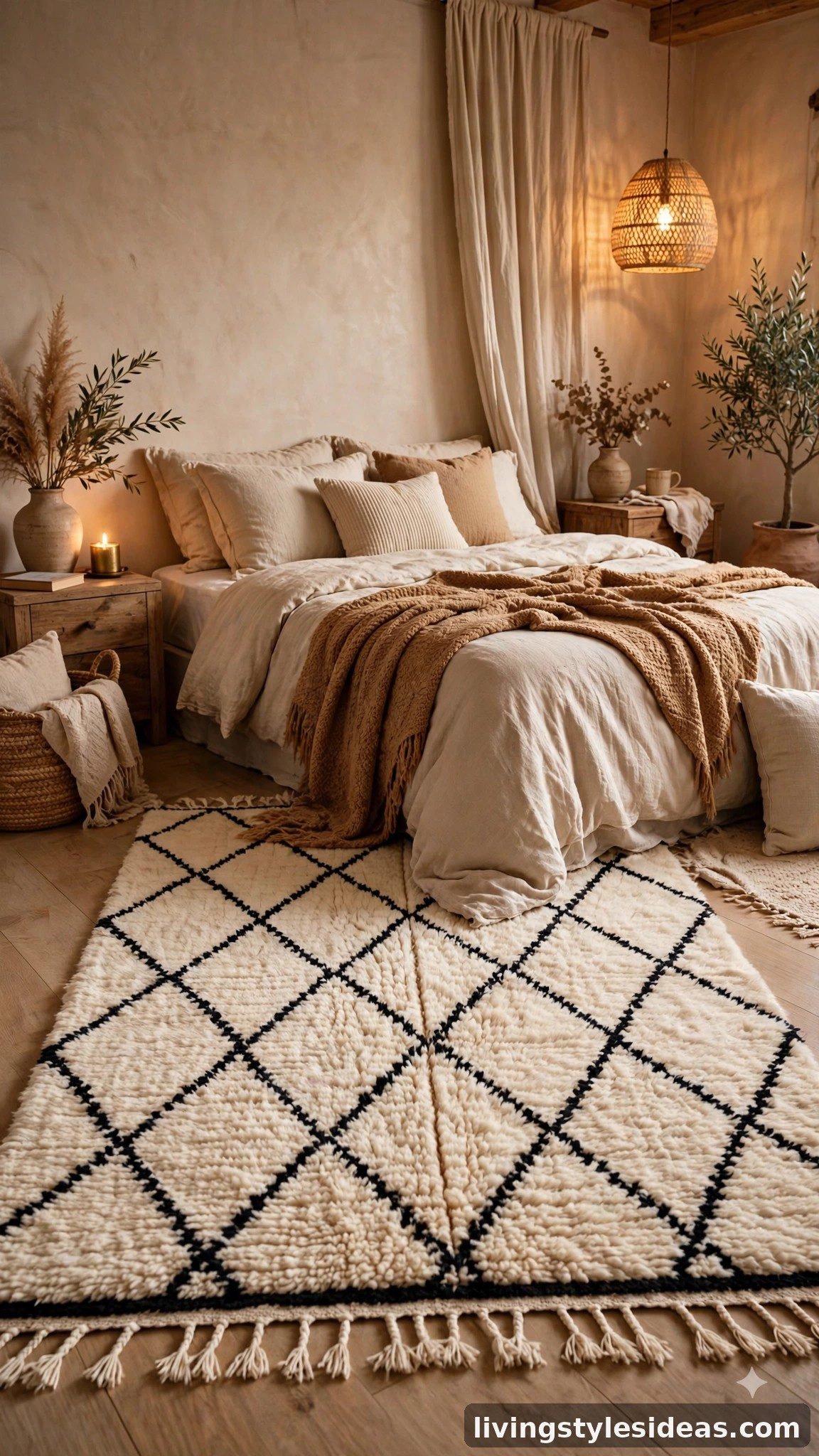 Beni Ourain Moroccan rug with diamond pattern in a cozy bedroom