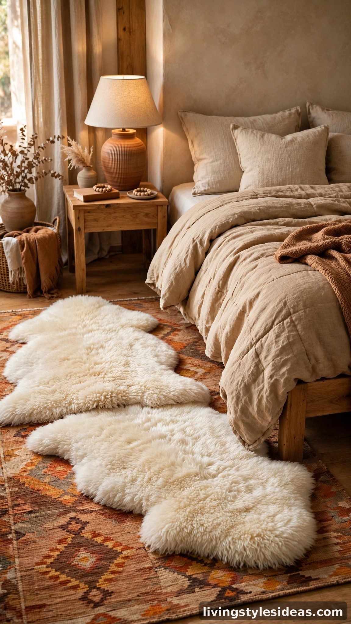 Layered sheepskin rugs over a warm bedroom rug