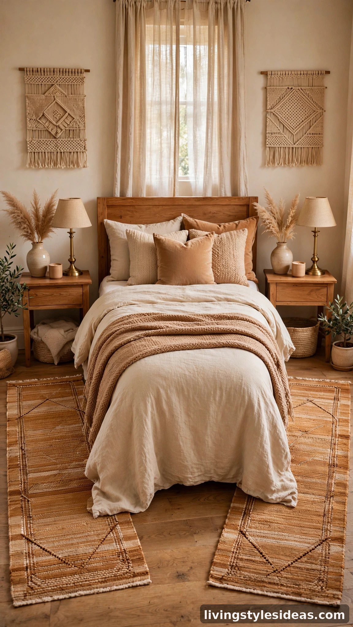 Matching warm-toned rug runners on both sides of a bed