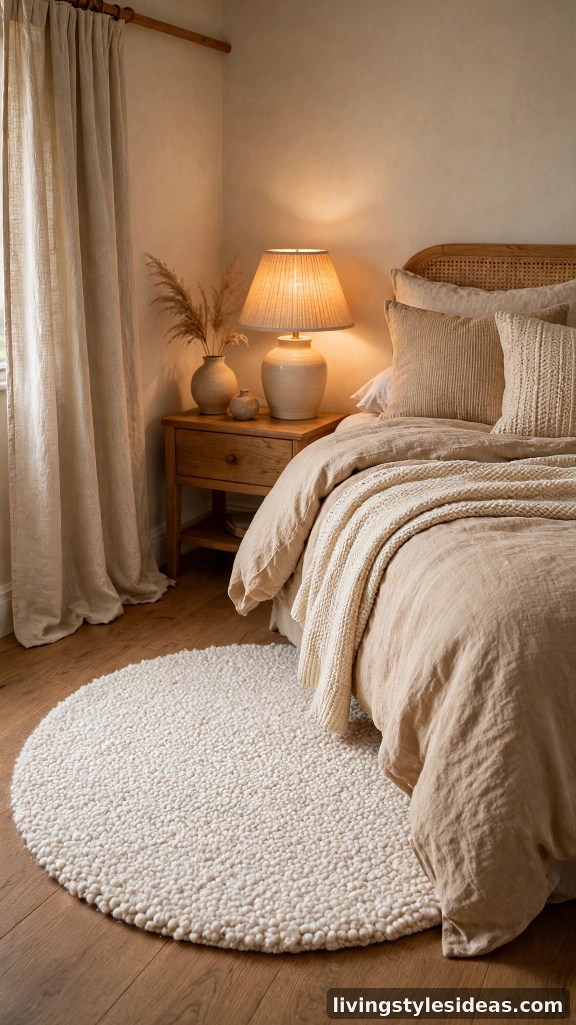 Round boucle rug beside a cozy bed with warm lighting
