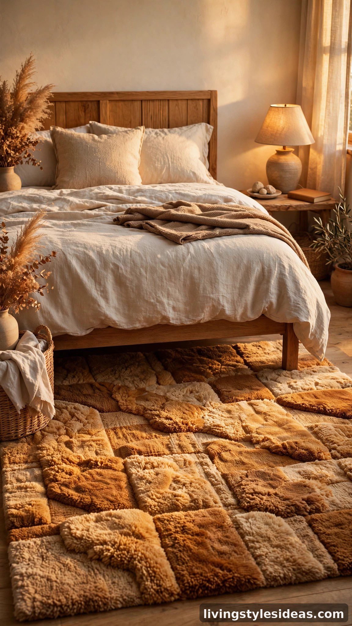 Hand-tufted rug in caramel and honey tones under a bed