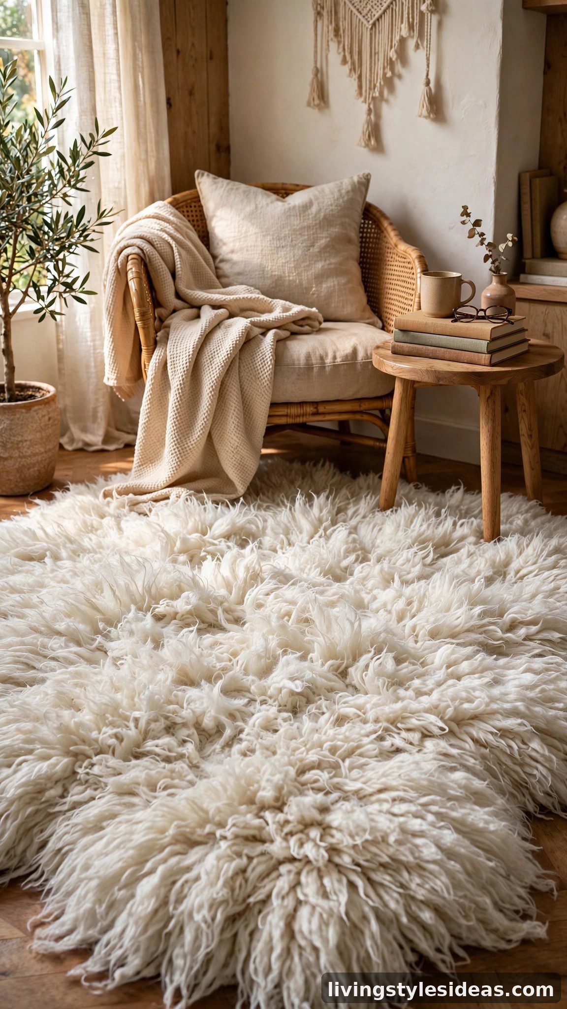 Flokati long-pile white rug in a warm cozy bedroom