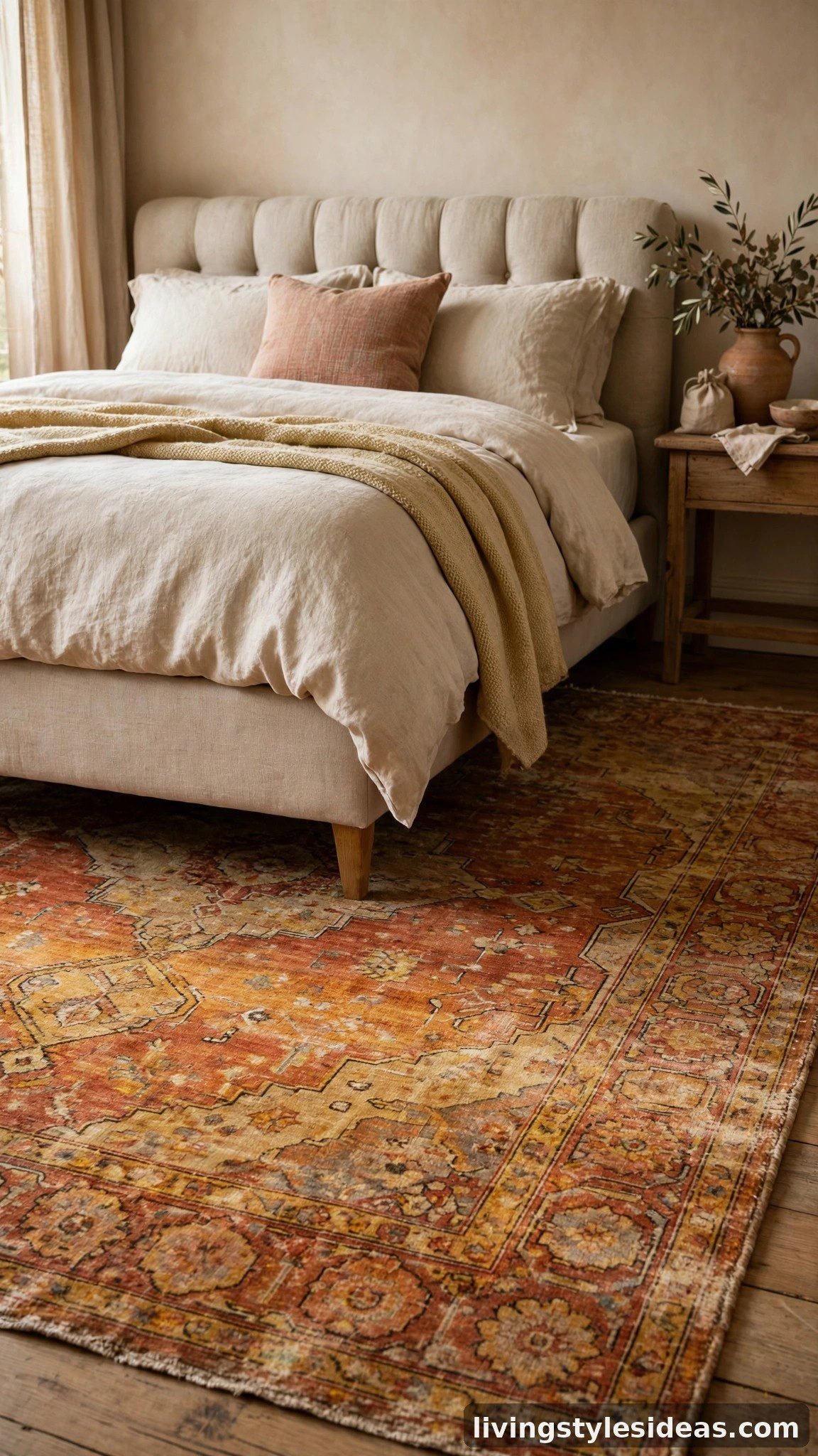 Distressed vintage rug in warm amber tones under a bed