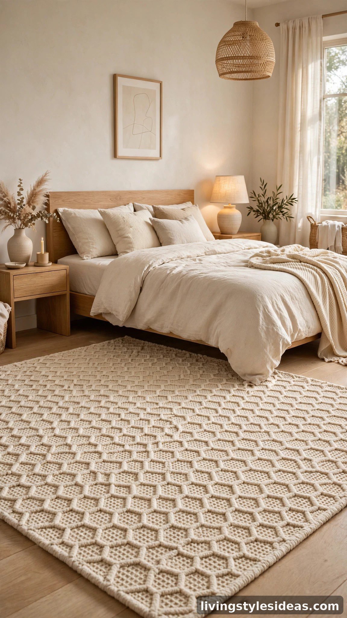 Waffle-weave textured rug in warm cream in a bedroom