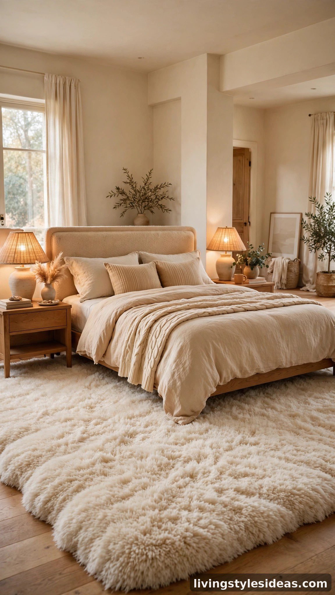 Oversized plush rug anchoring a warm cozy bed