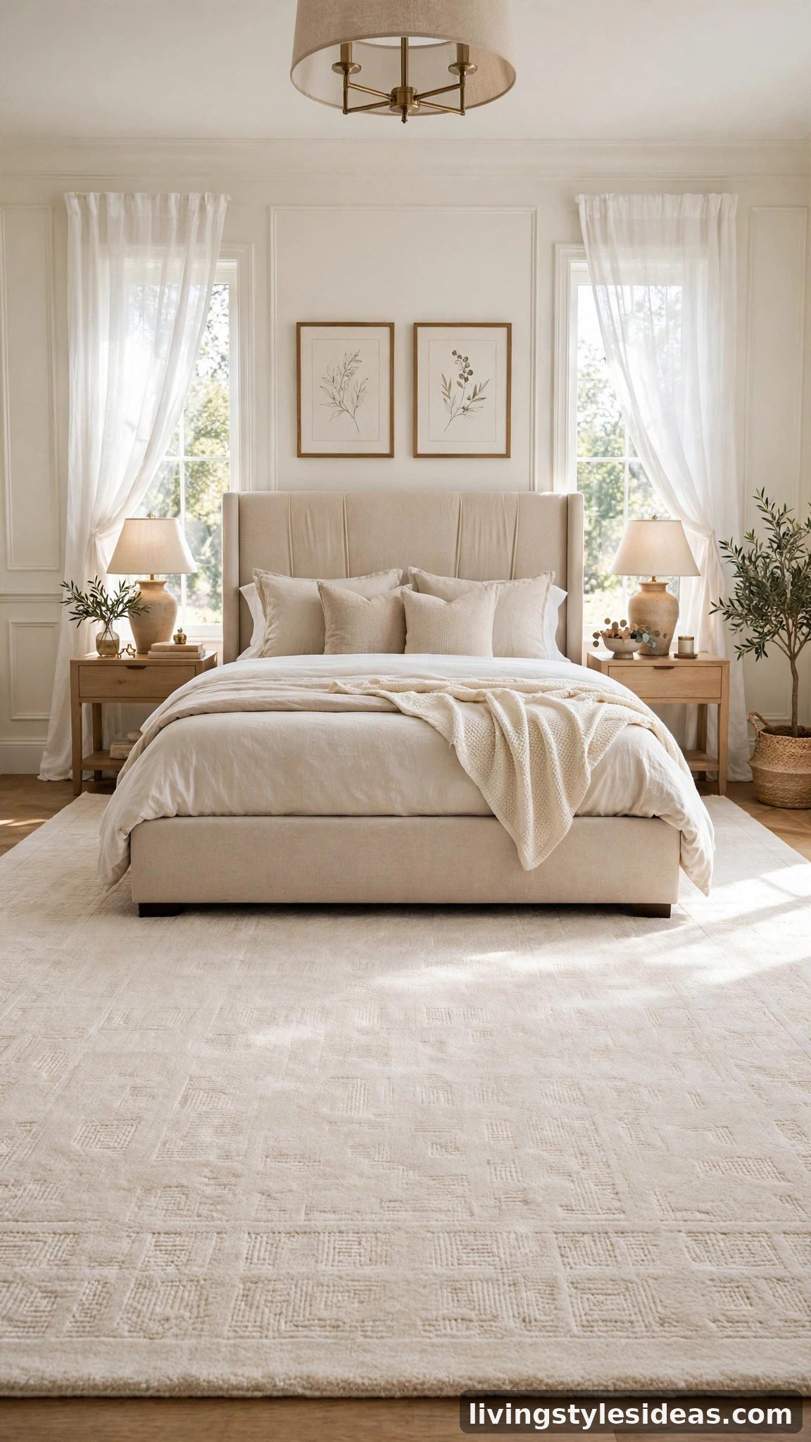 Oversized beige rug extending beyond a stylish bed frame