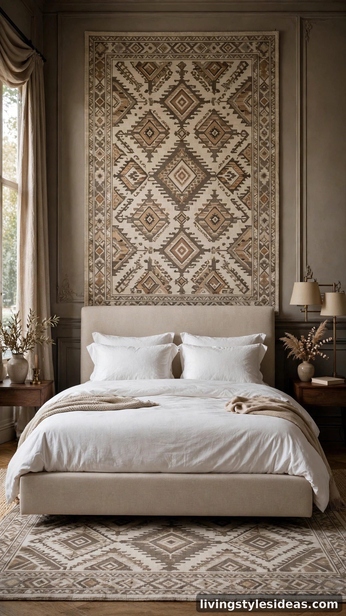 Bold patterned rug as a stylish backdrop for the bed