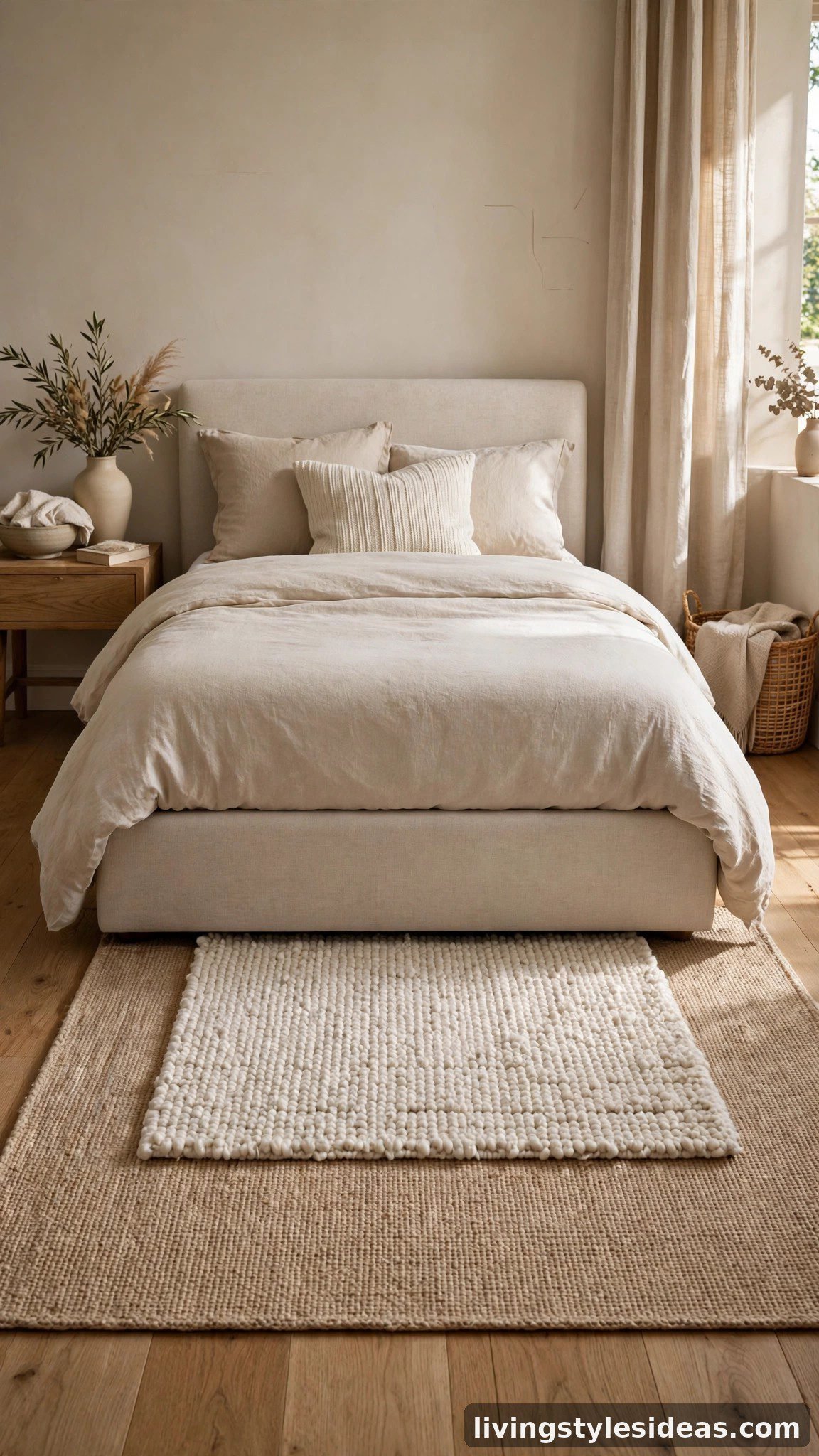 Layered rugs at the foot of a stylish bed