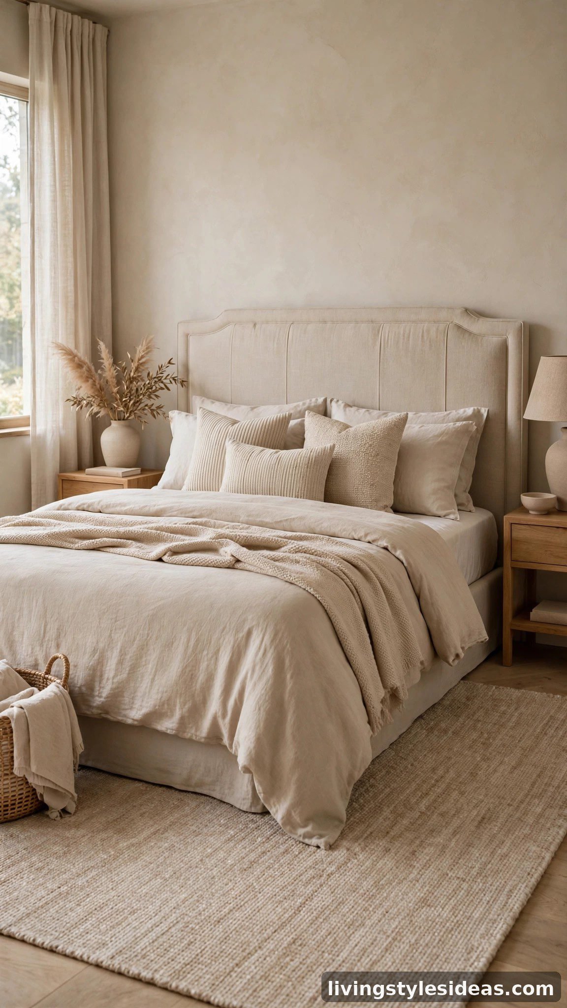 Bedroom rug matching the bedding tones for a stylish bed