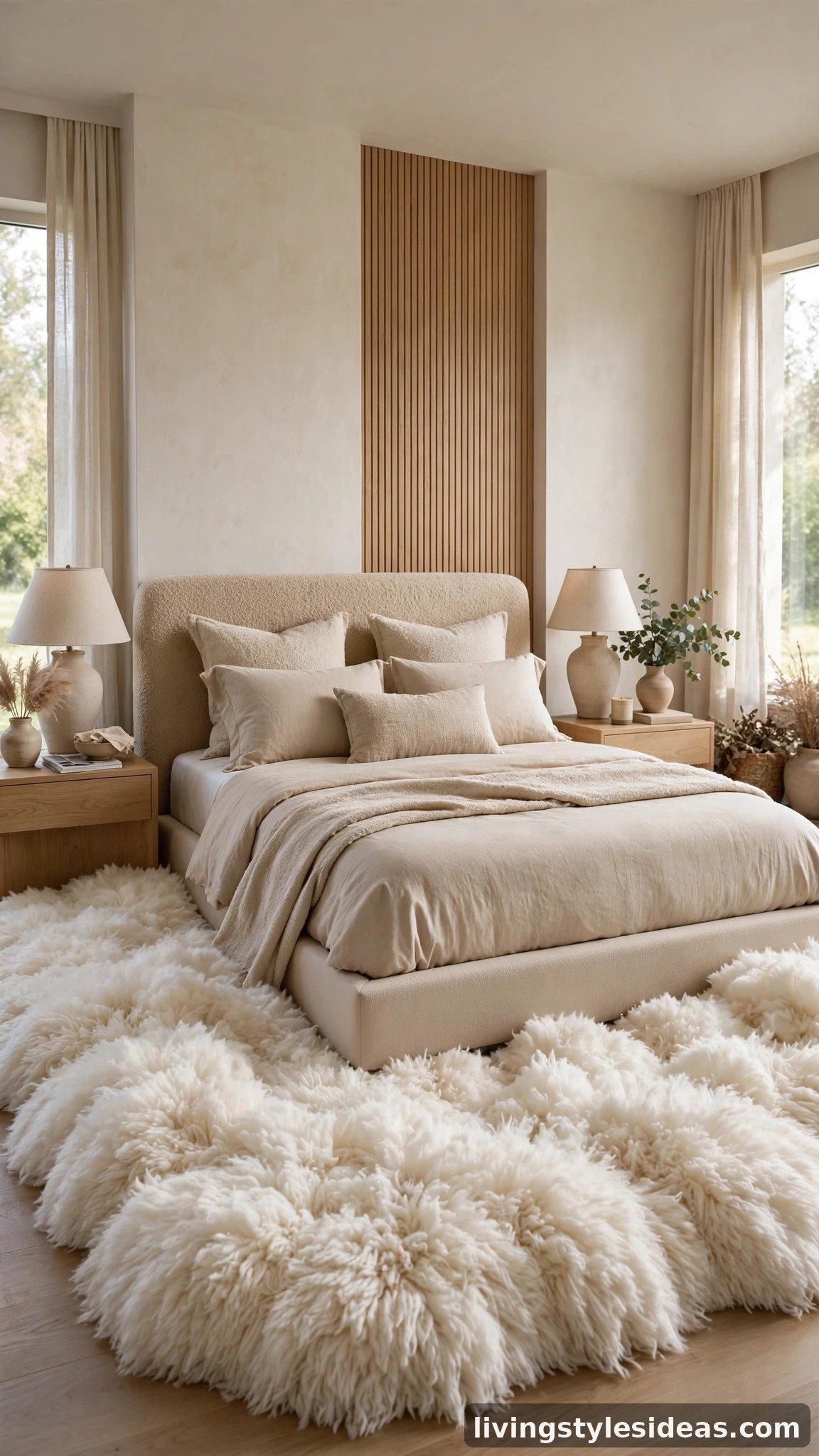 Plush high-pile rug framing a stylish bed