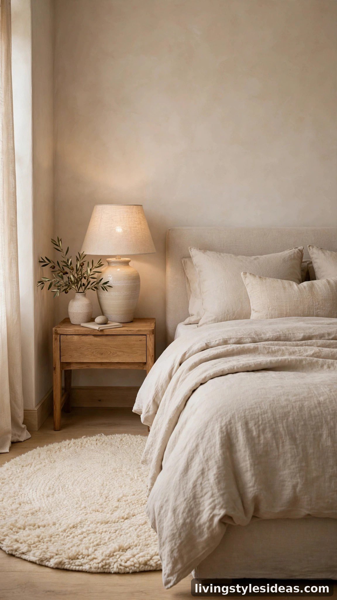 Round rug softening the sharp lines of a stylish bed