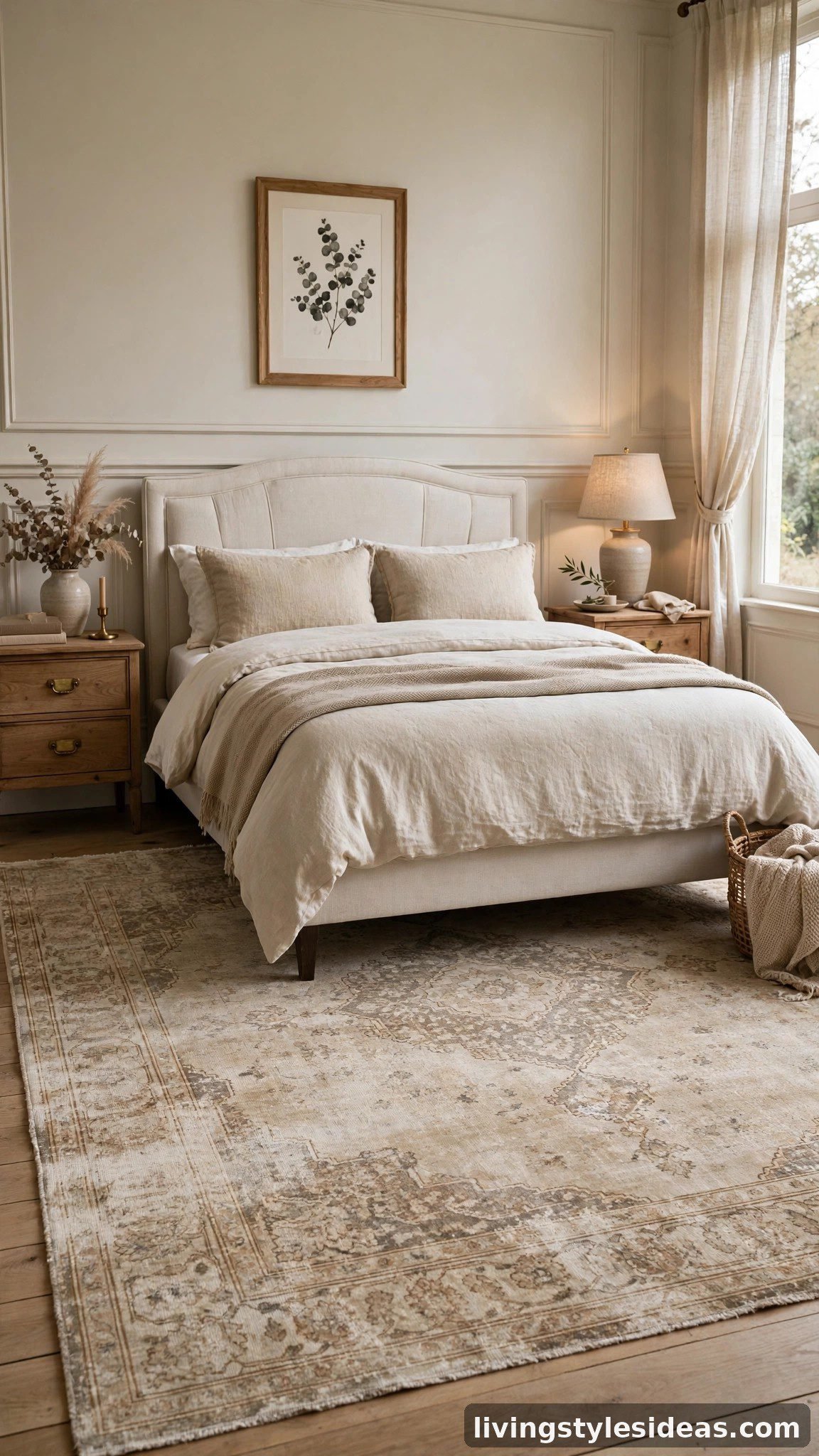 Vintage rug adding character under a stylish bed