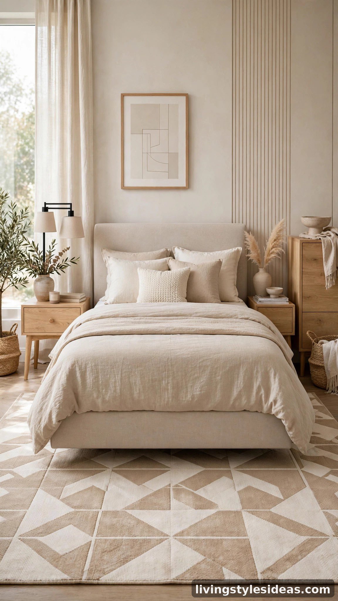 Geometric rug giving the bed a modern stylish look