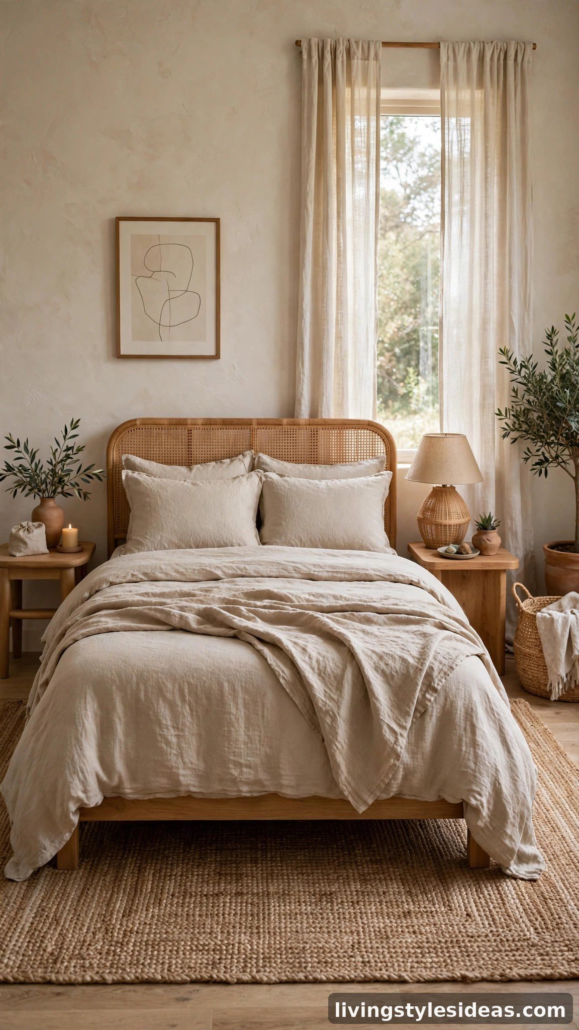 Natural jute rug grounding a stylish bed