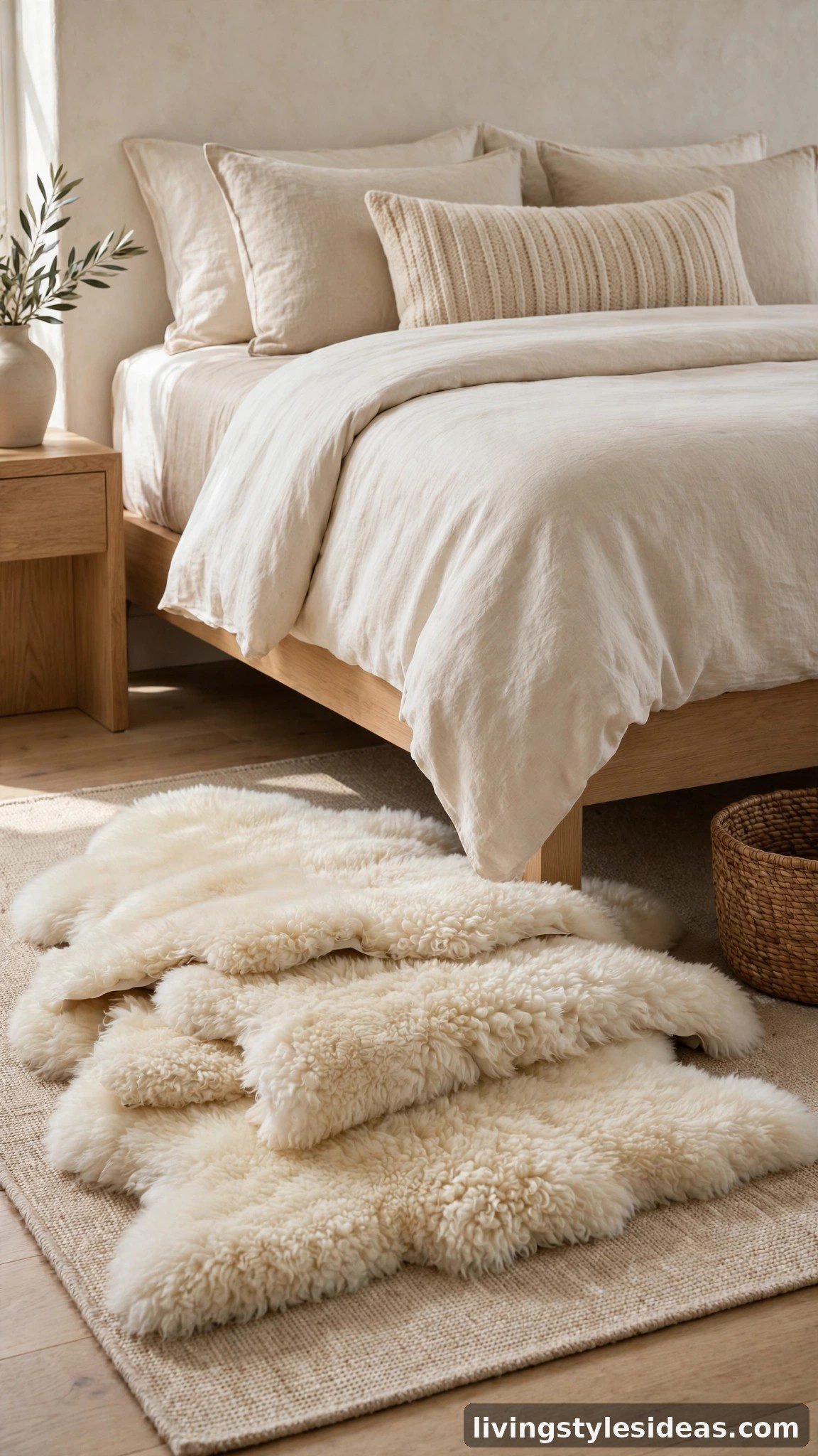 Sheepskin layers adding luxury to a stylish bed