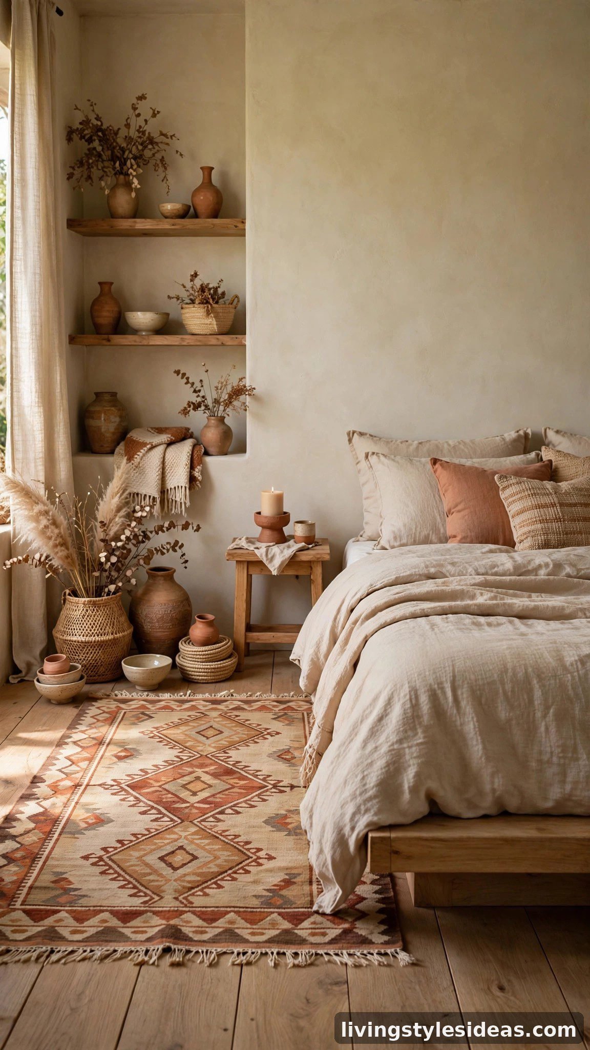 Kilim rug bringing warm pattern to a stylish bed