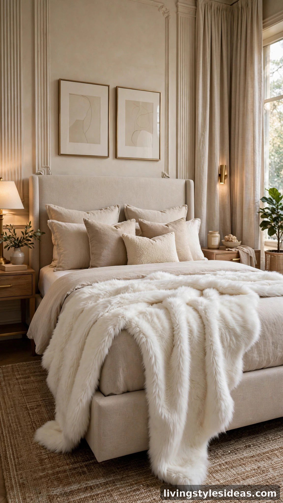 Faux fur accent making the bed look glamorous