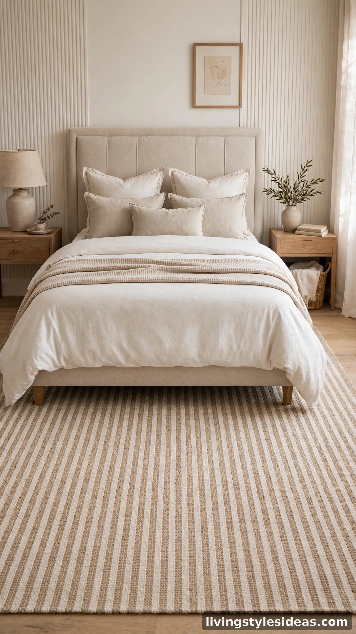 Striped rug visually elongating a stylish bed