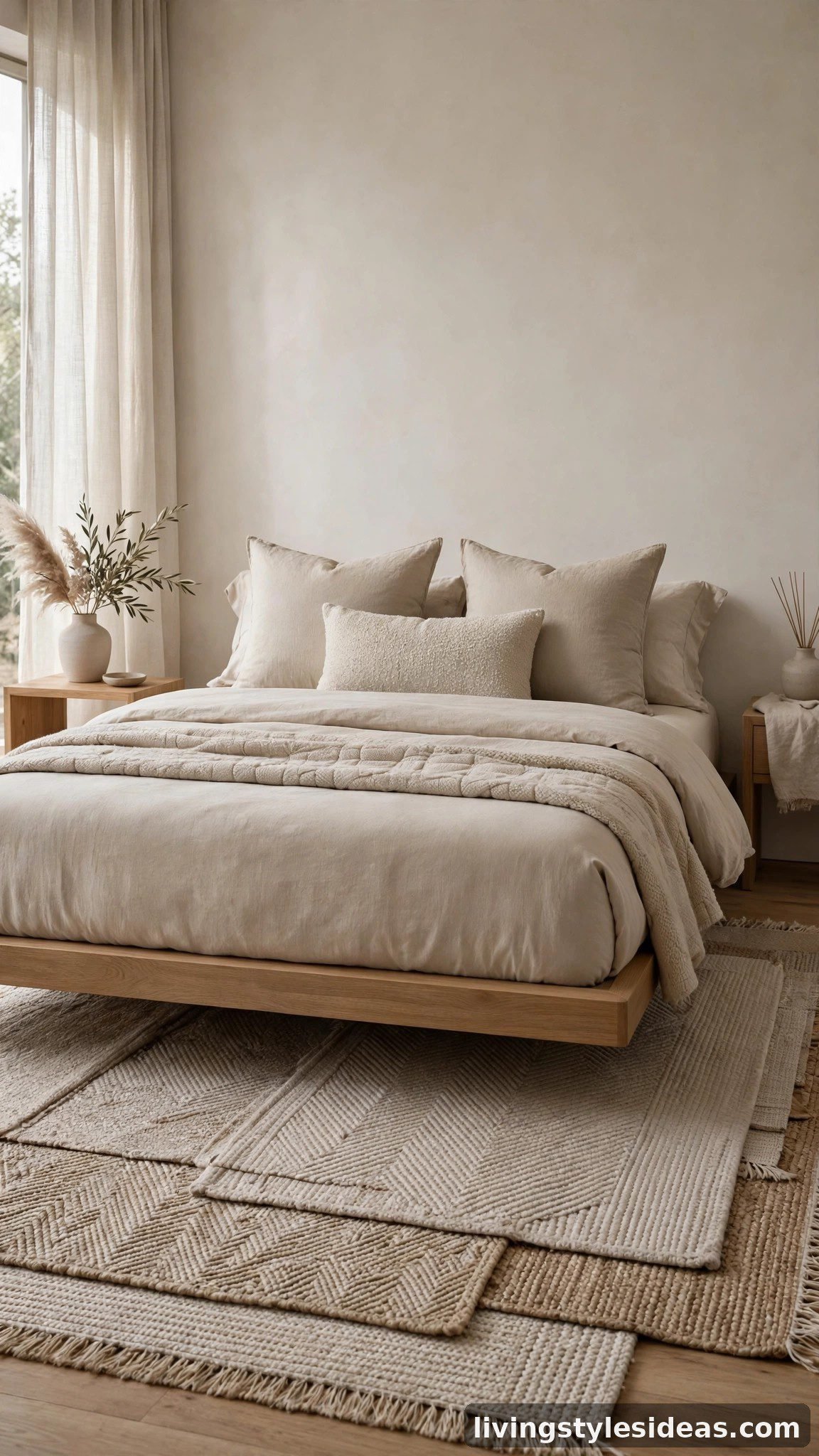 Tonal monochrome rug for a calm luxurious bed