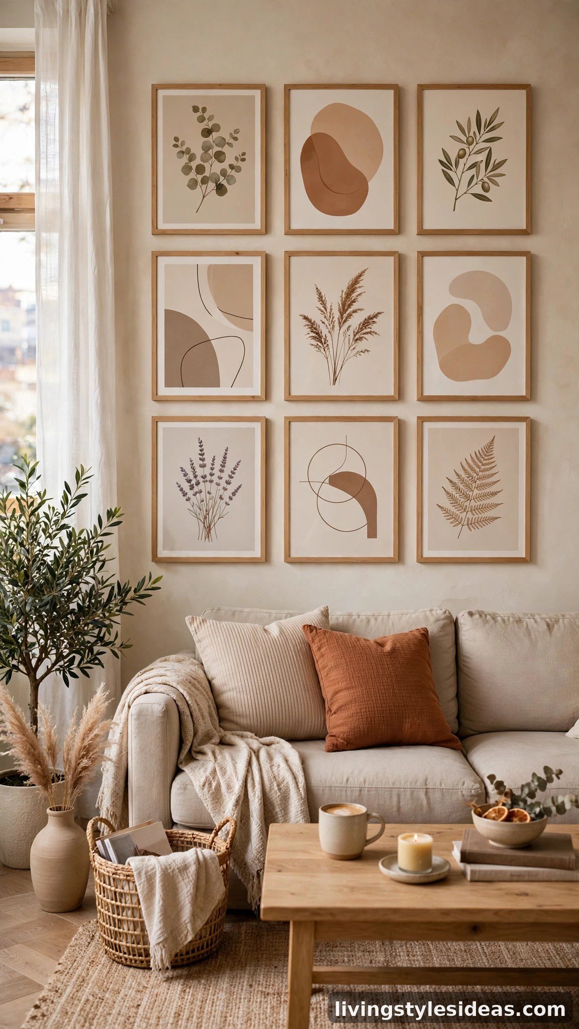 Framed printable art prints arranged as a gallery wall in a studio apartment