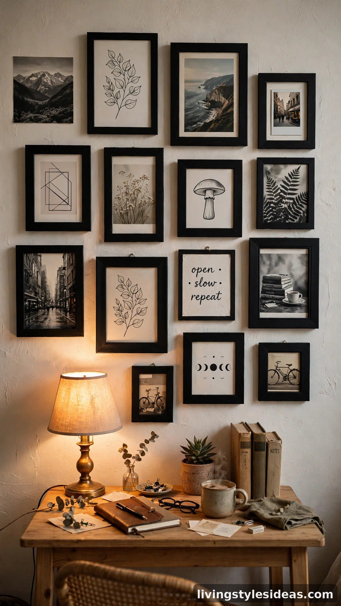 Thrifted frames painted and styled on a studio apartment wall