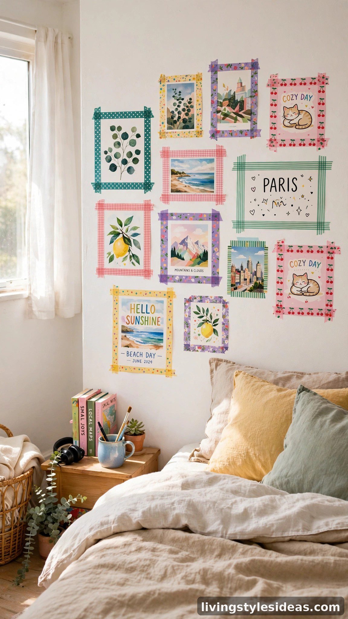 Colorful washi tape framing art prints on a studio apartment wall