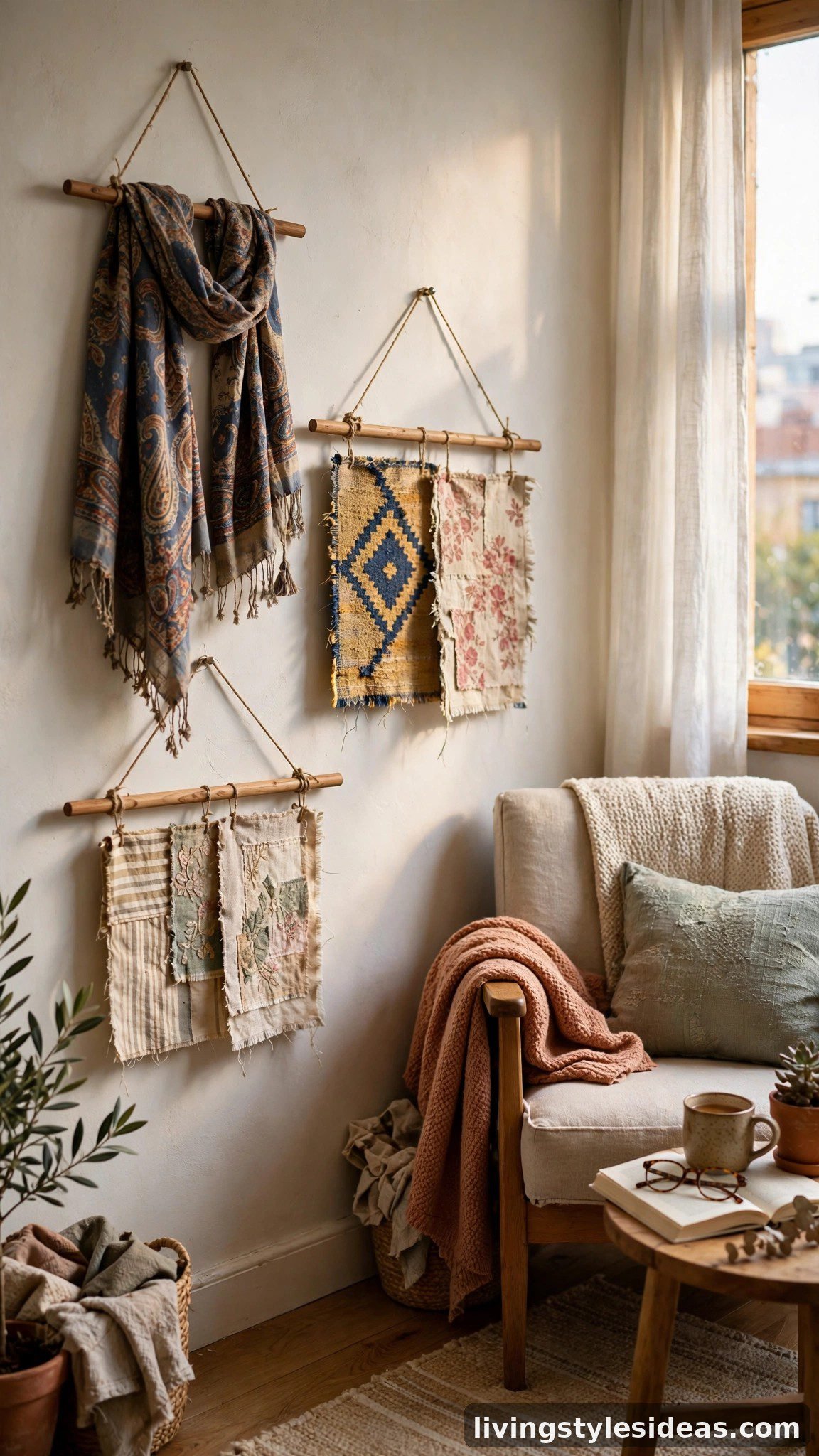 Fabric scrap wall hangings adding texture to a studio apartment