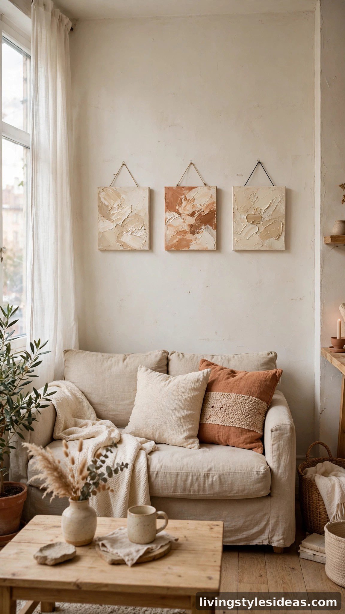 Trio of DIY abstract canvas paintings above a sofa in a studio apartment