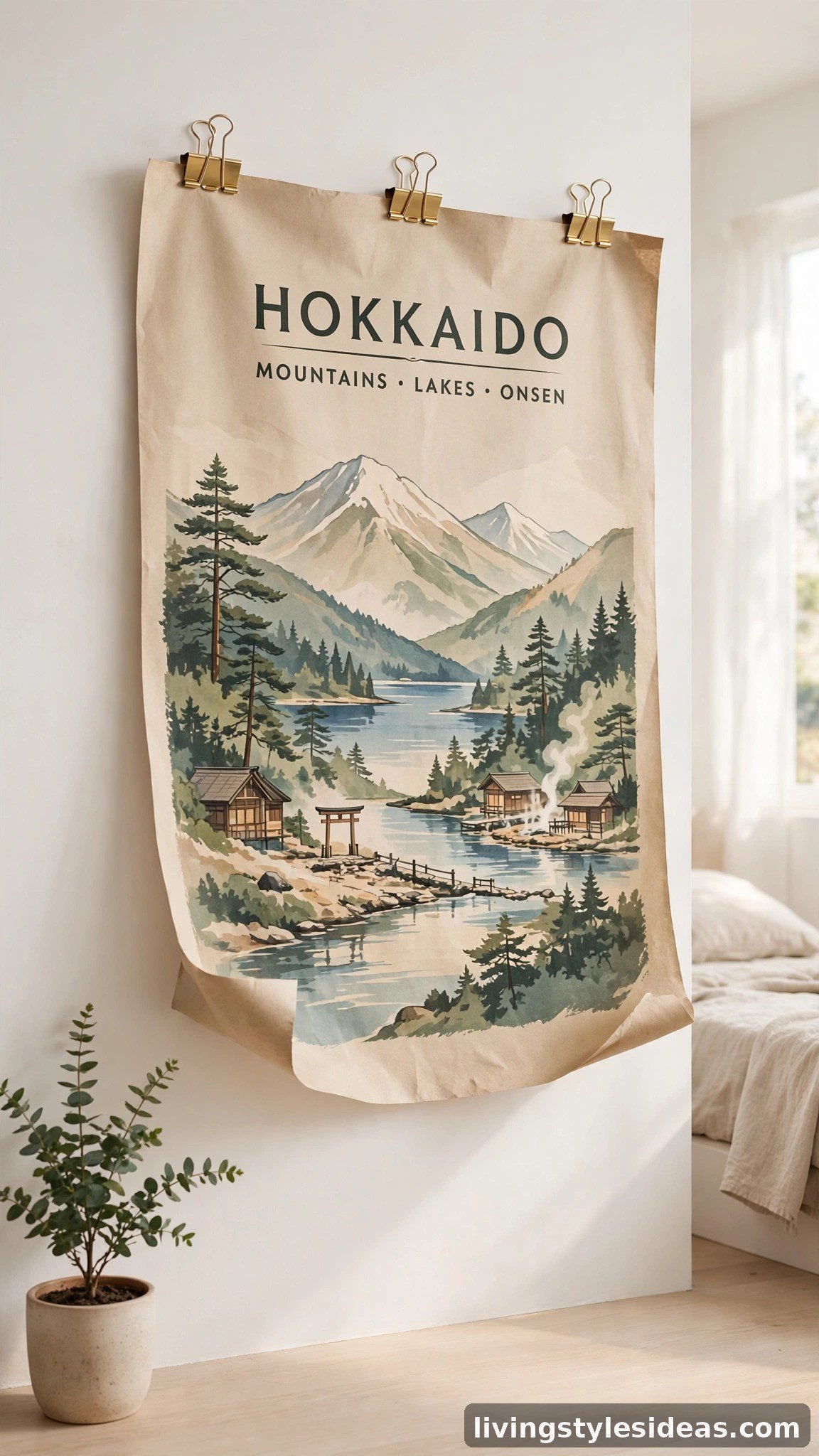 Oversized poster held with gold binder clips in a studio apartment