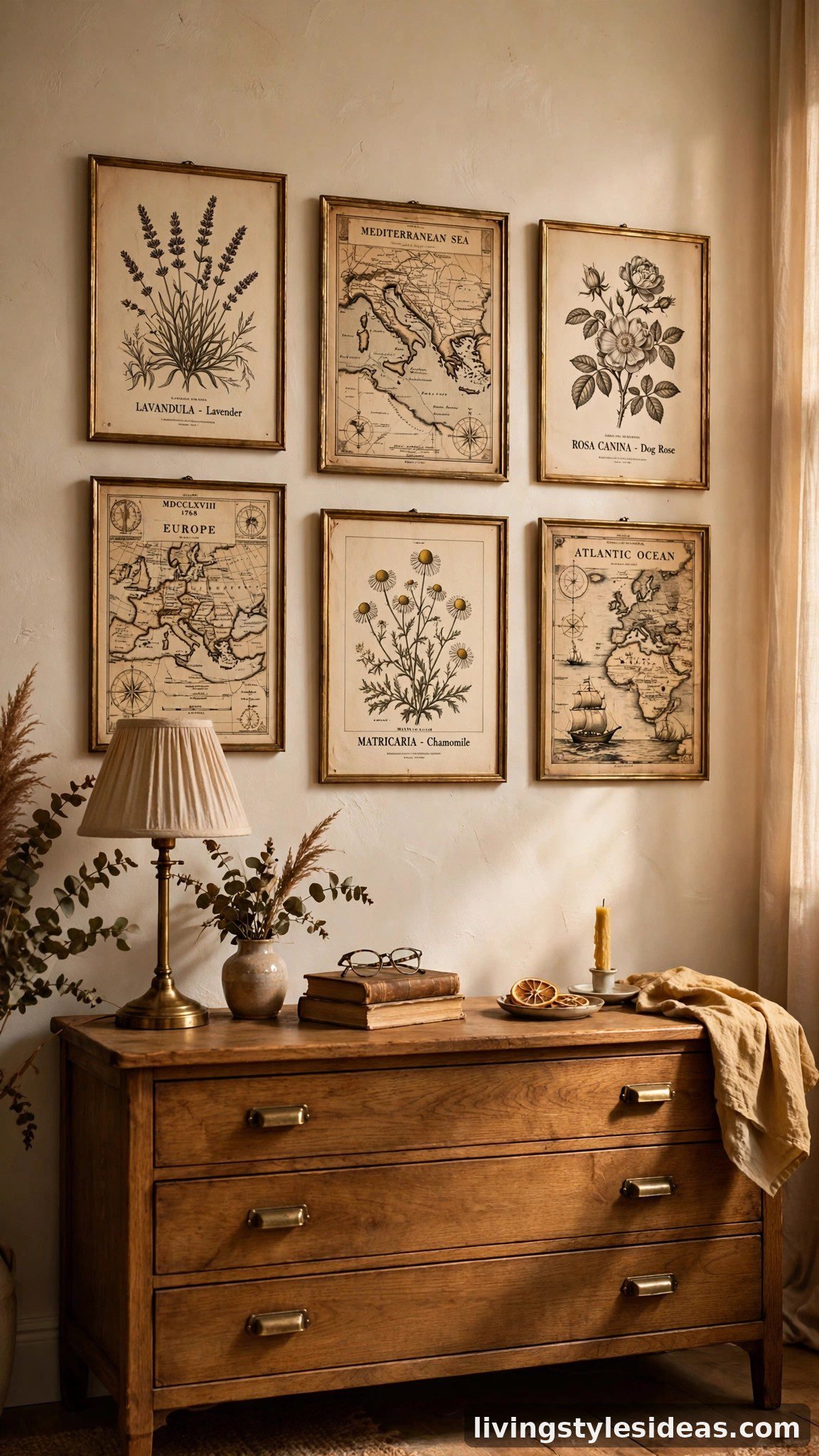 Framed vintage book pages as wall art in a studio apartment