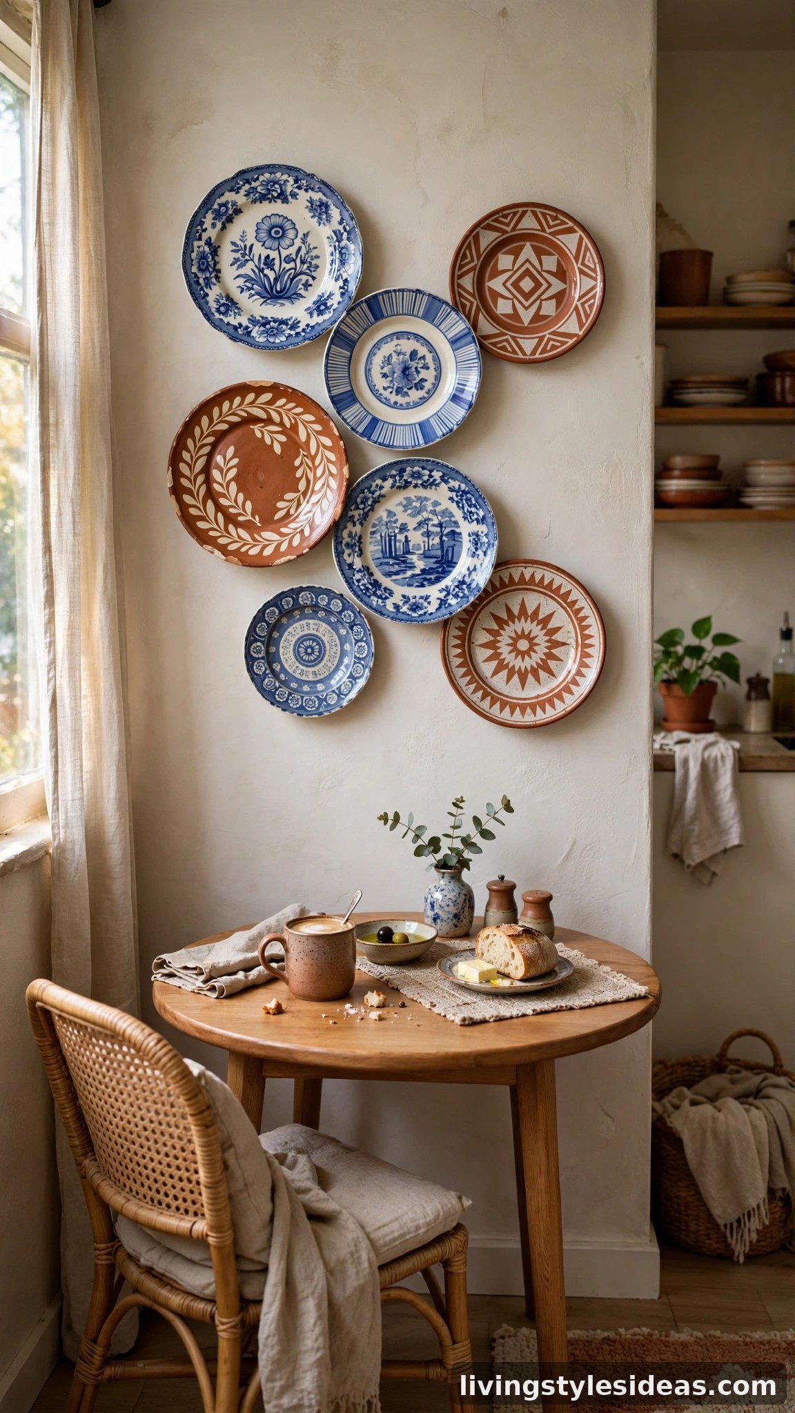 Decorative plate wall arrangement in a studio apartment dining nook