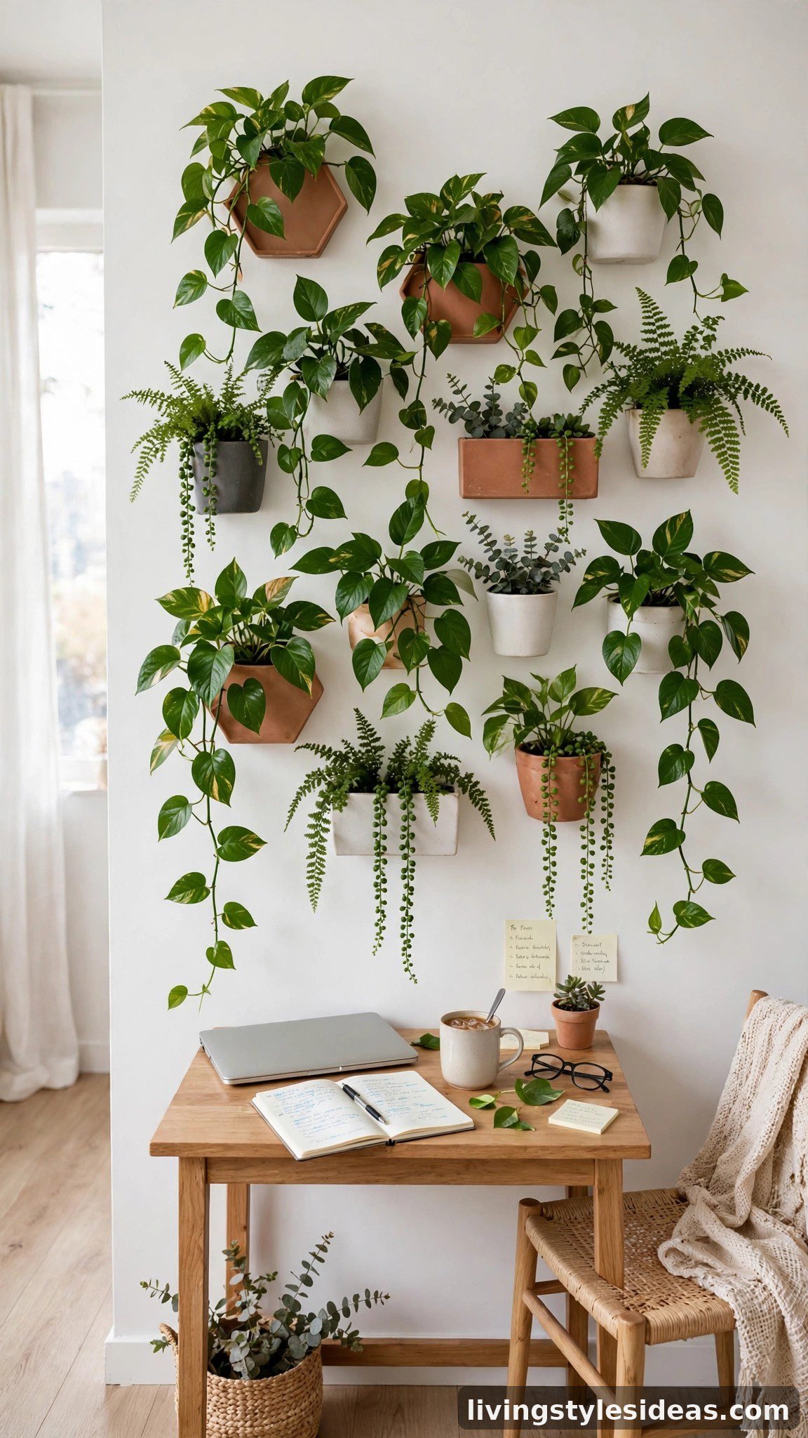 Wall-mounted plants as living art in a bright studio apartment