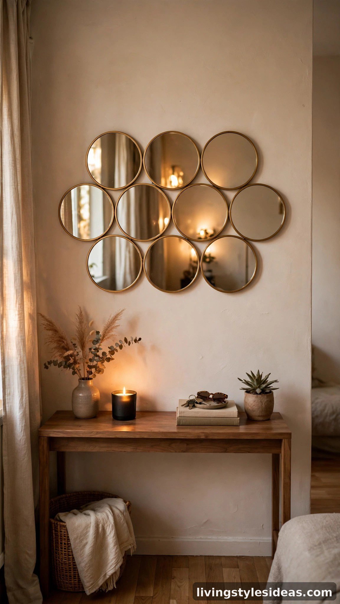 Cluster of small round mirrors as wall art in a studio apartment