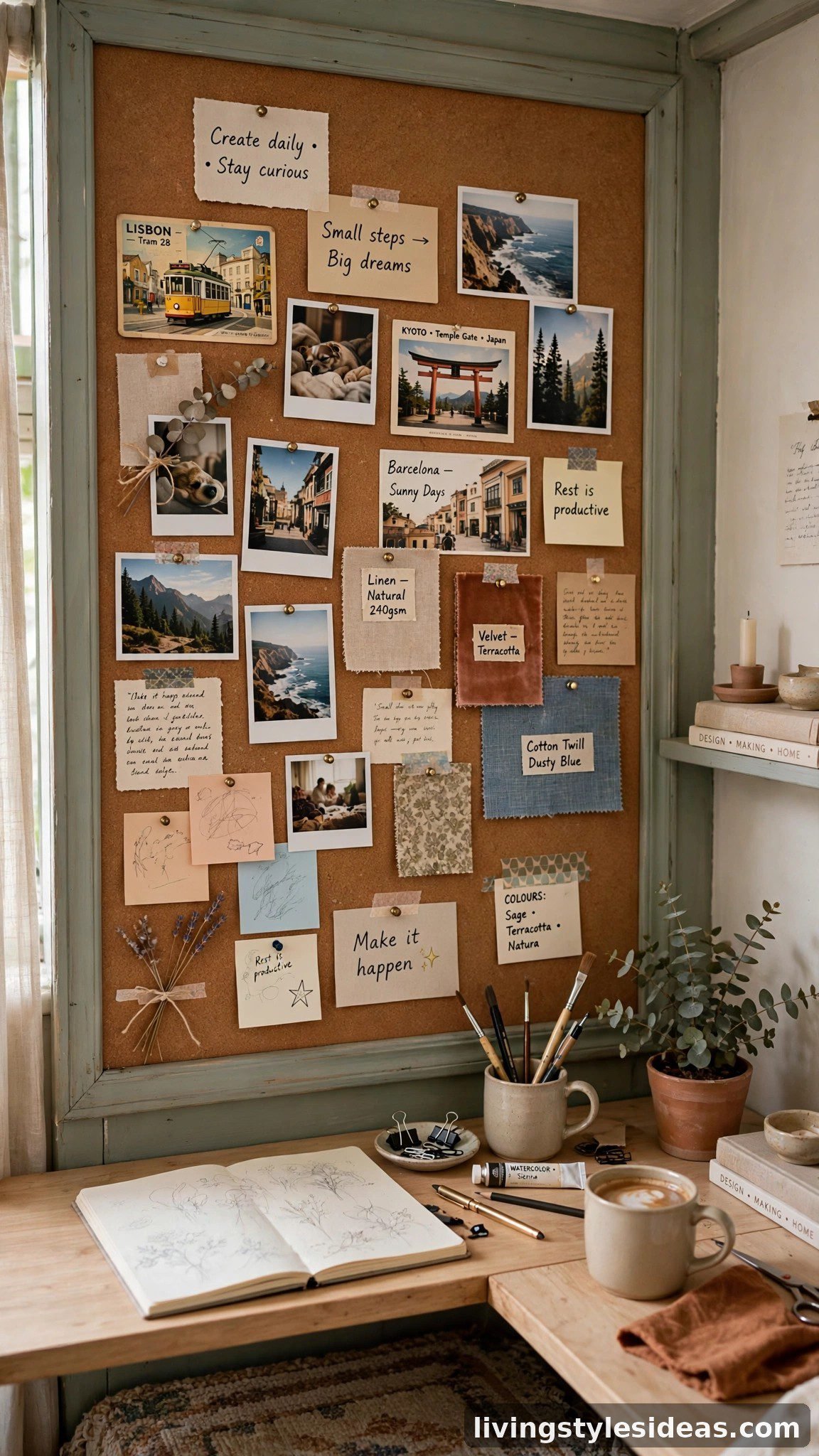 Corkboard mood wall with pinned photos and notes in a studio apartment