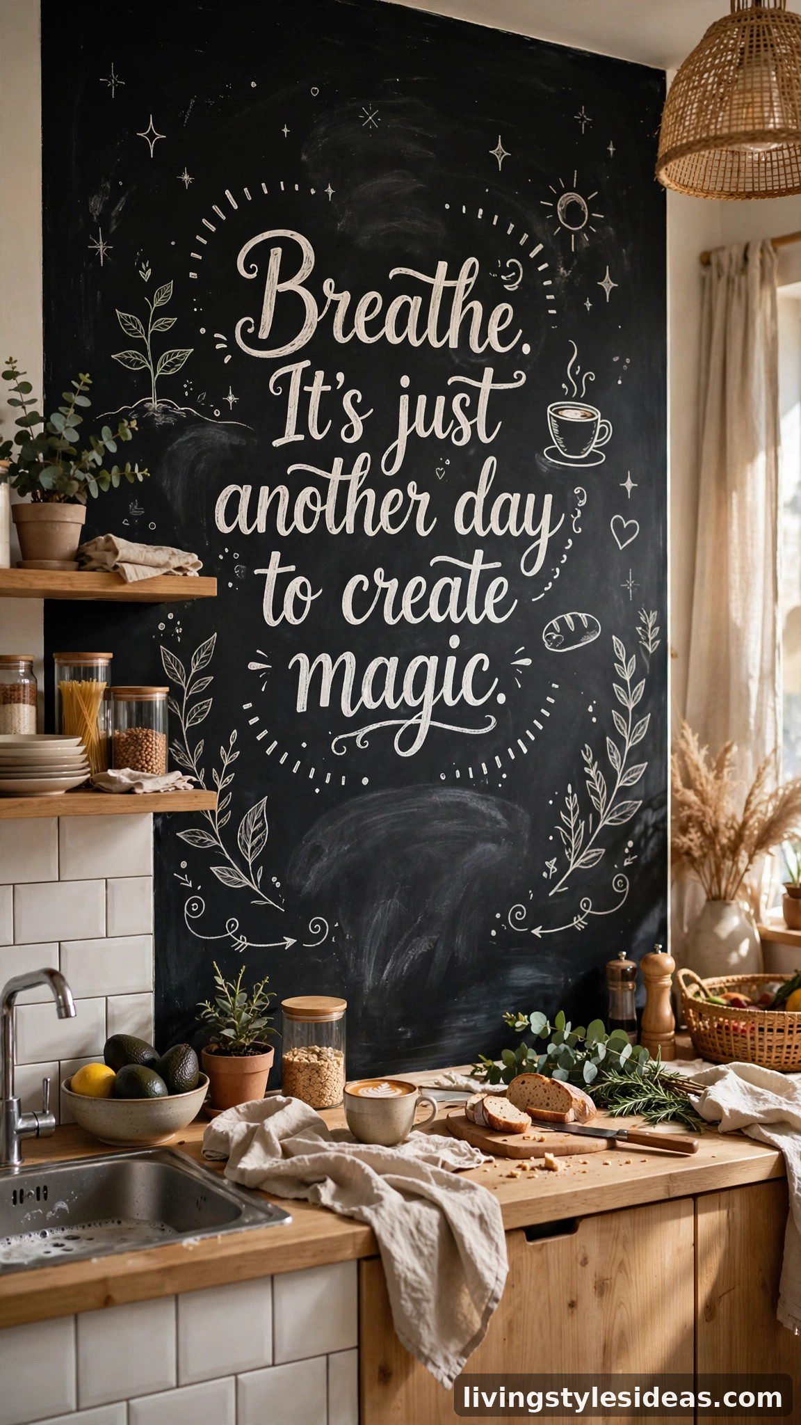 Chalkboard accent wall with hand-drawn art in a studio apartment
