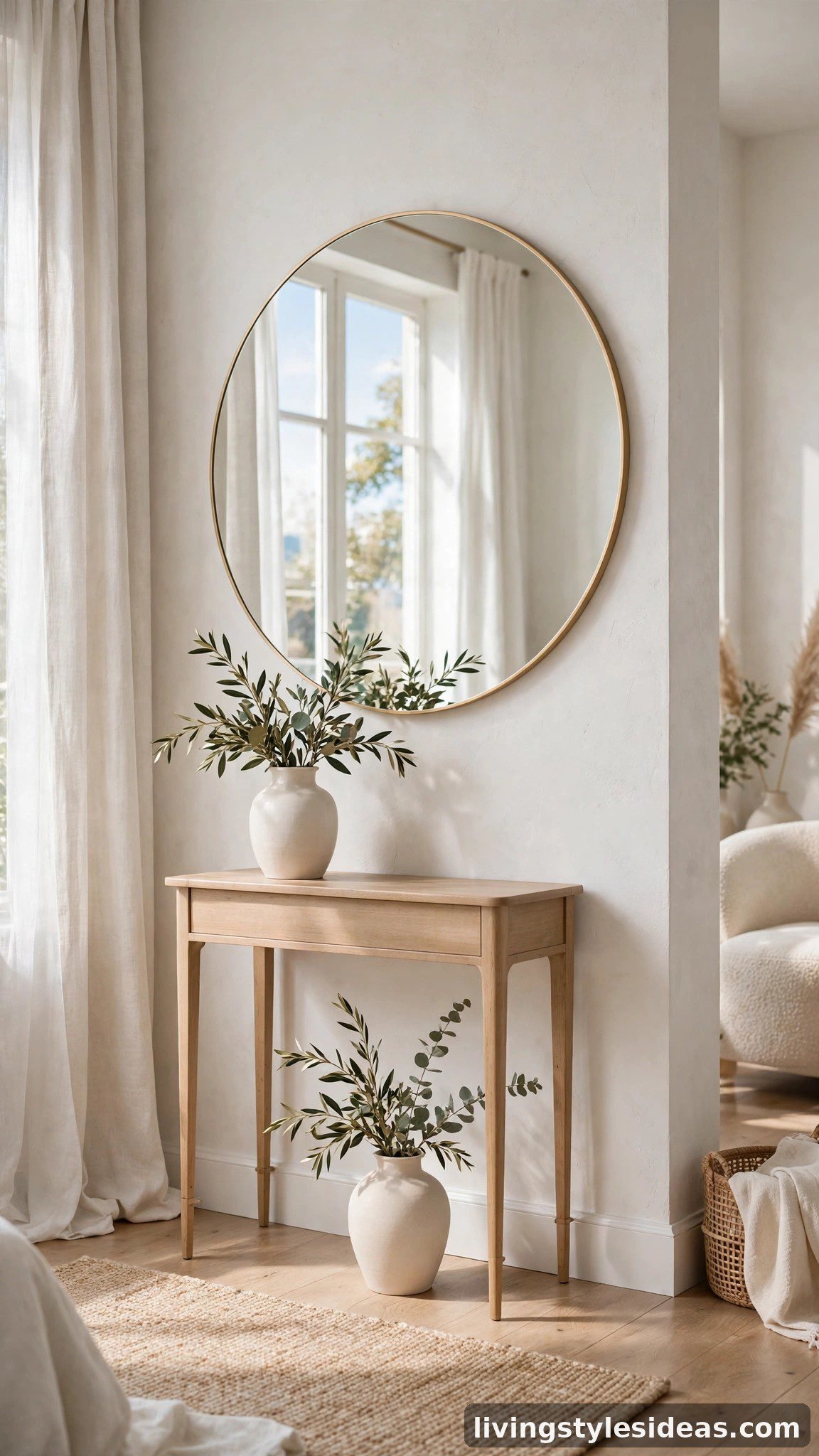 Large framed mirror reflecting daylight in a bright chic studio apartment