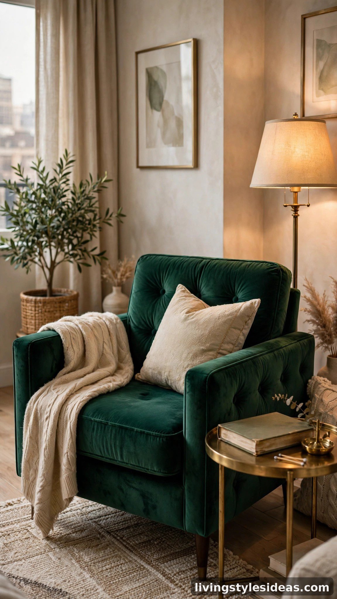 Emerald velvet accent chair with brass side table in a chic studio corner
