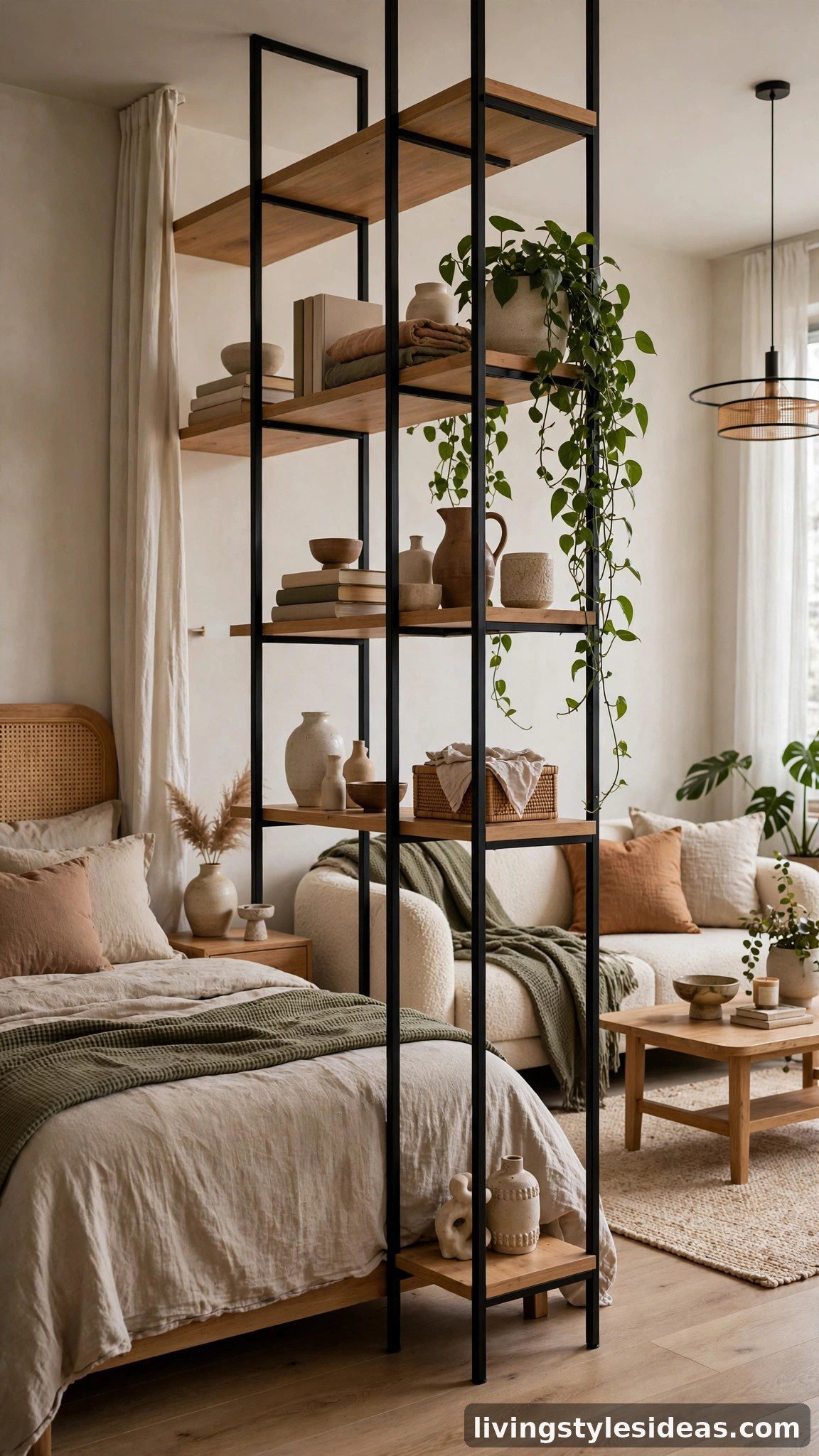 Open shelving unit dividing sleeping and living zones in a chic studio