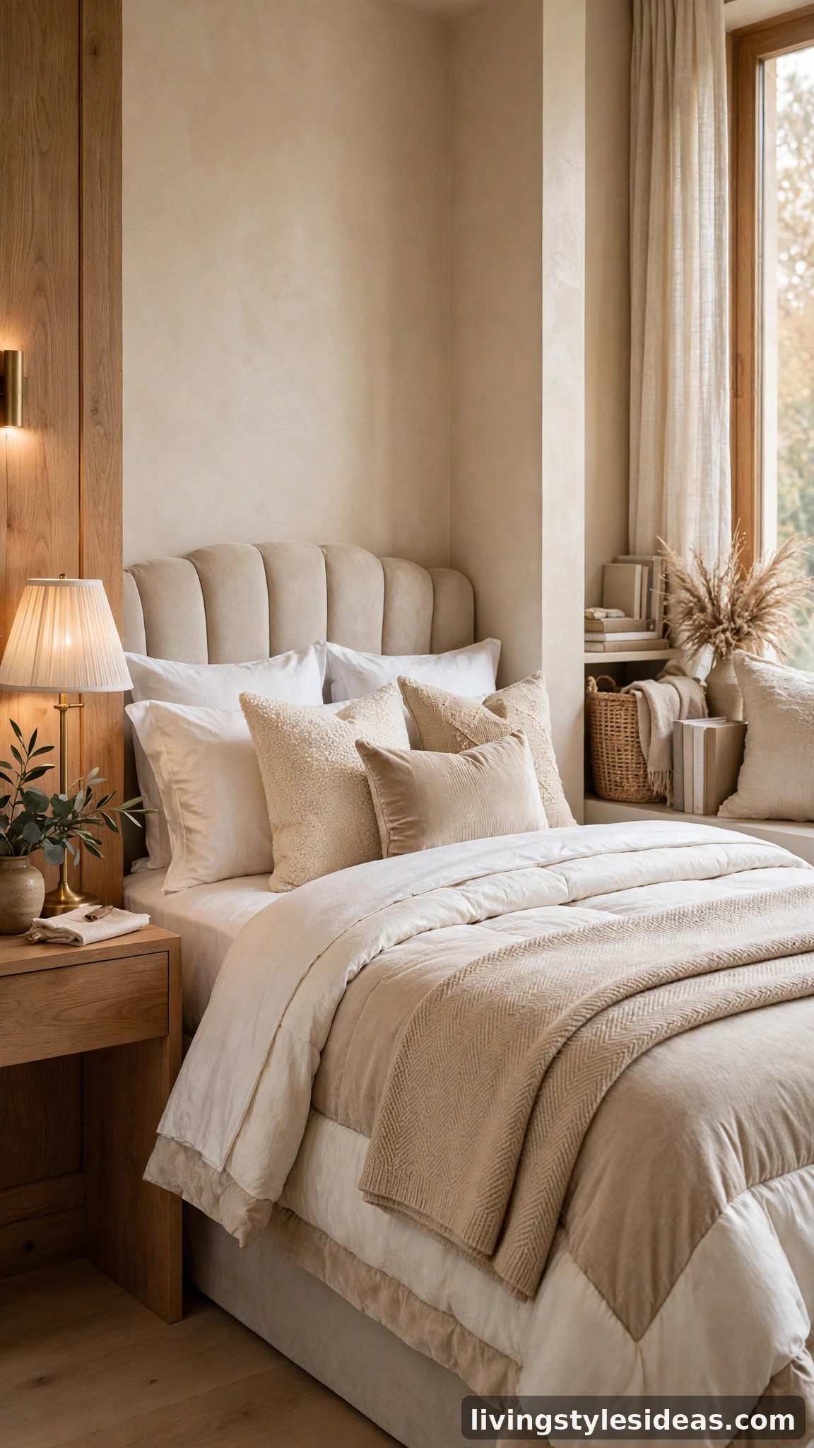Boutique hotel style layered bedding in cream and champagne in a studio