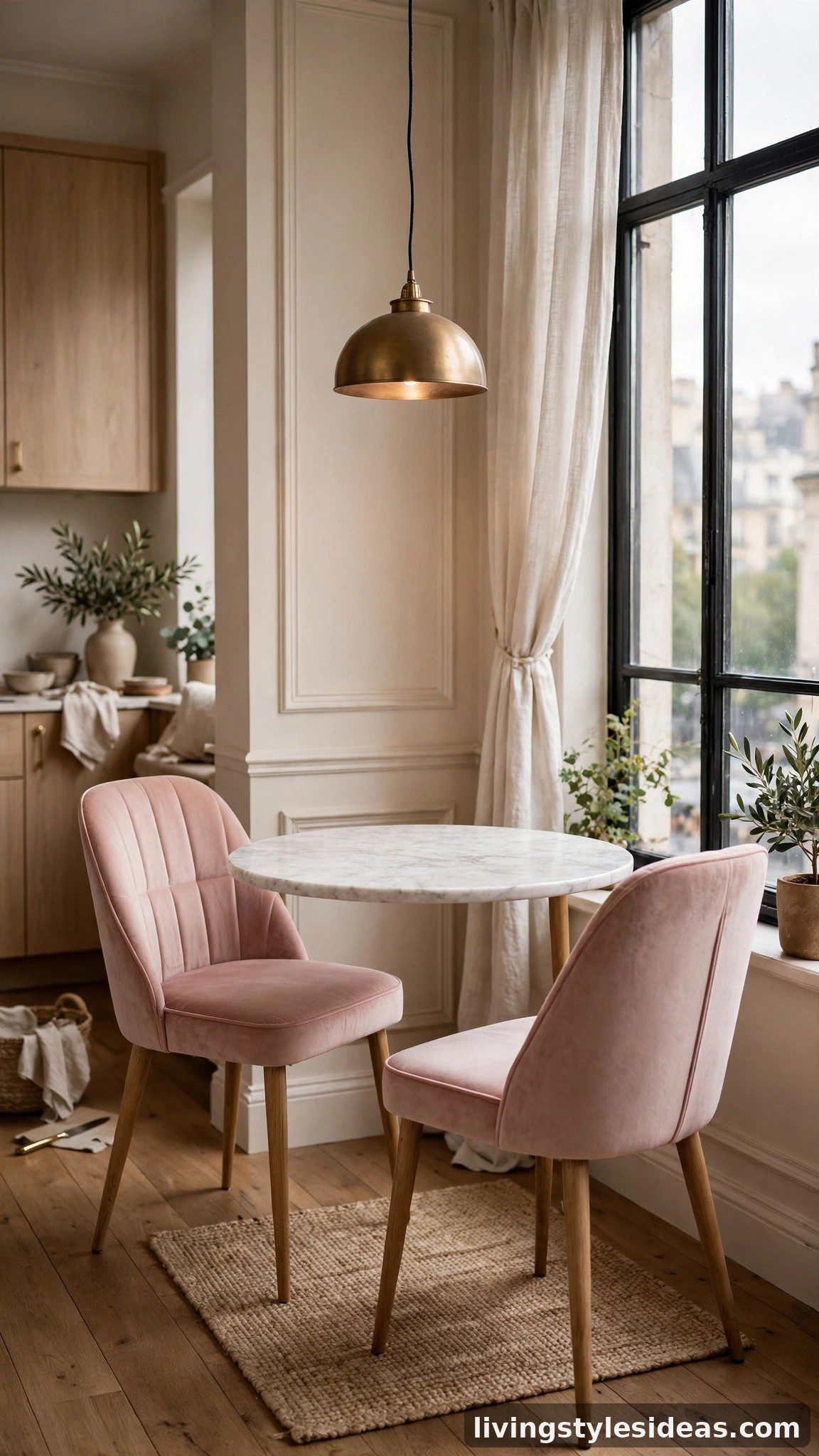Petite dining nook with round marble table and velvet chairs in a studio
