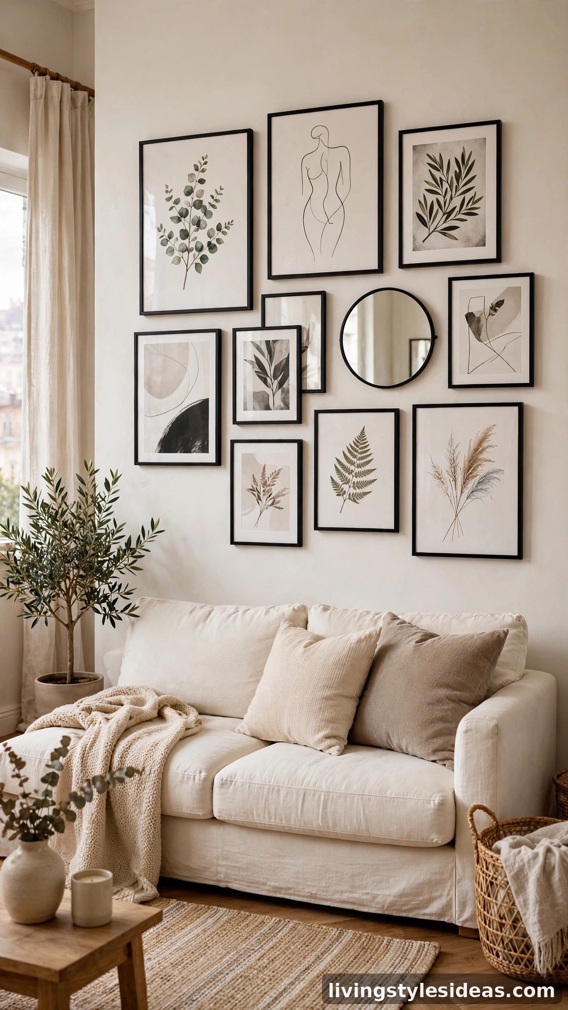 Curated gallery wall of black frames above a cream sofa in a studio