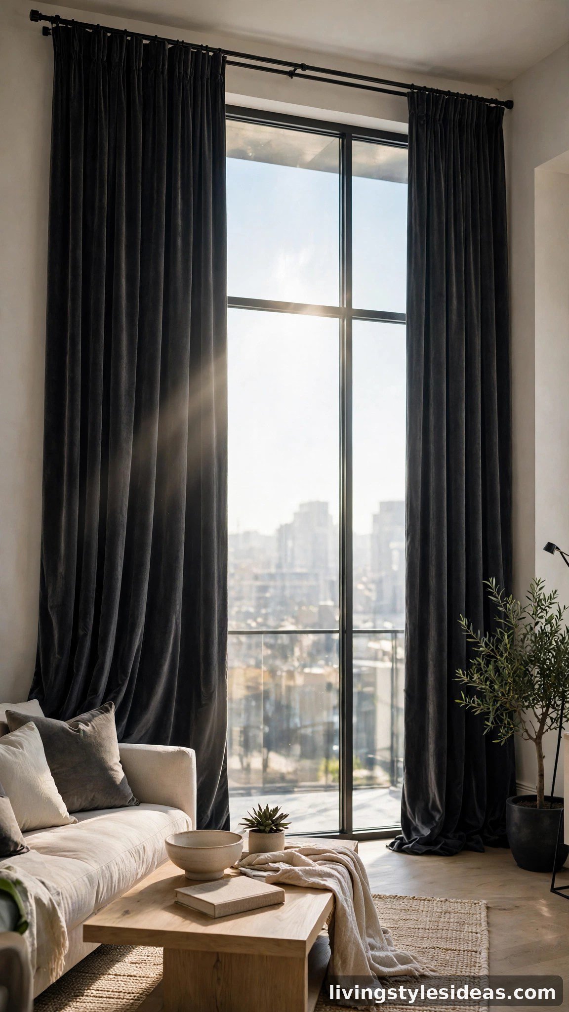 Floor-to-ceiling velvet curtains in a bright chic studio apartment