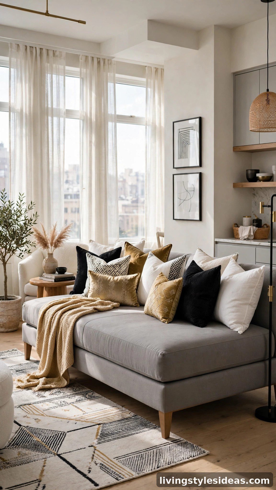 Elegant upholstered daybed styled as a sofa in a chic studio apartment