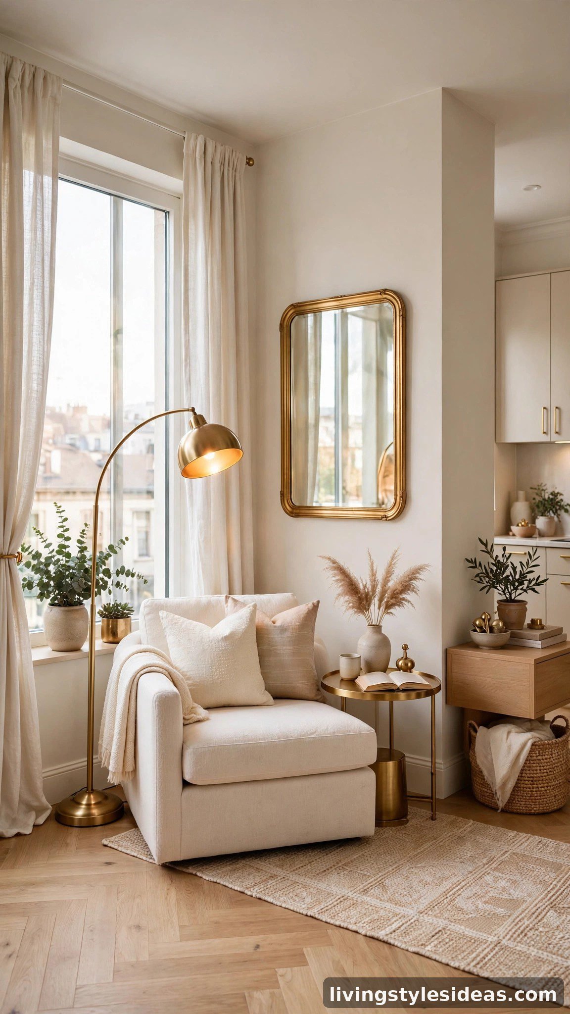 Brass floor lamp and gold accents warming a chic studio living area