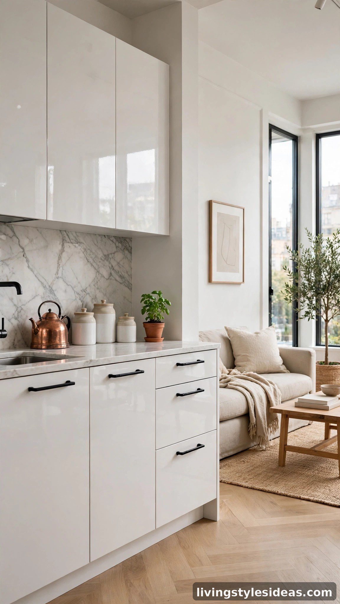 Glossy white kitchenette with marble backsplash in a chic studio apartment